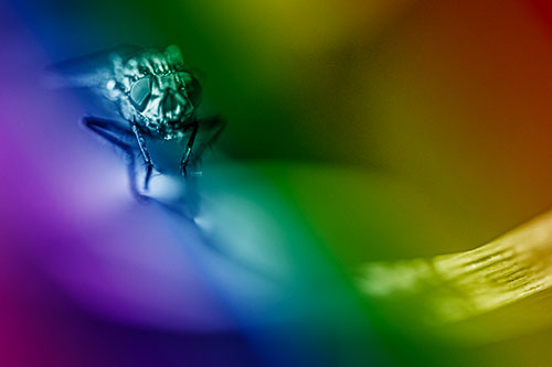 Crouching Cluster Fly Balances Among Grass Blade (Rainbow Shade)