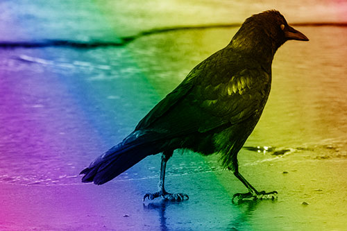 Crow Walking Along Frozen River Ice (Rainbow Shade)