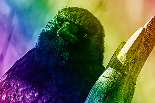 Curious Head Tilting Crow Perched Among Tree Branch (Rainbow Shade Photo)