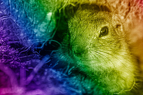 Curious Prairie Dog Watches From Dirt Tunnel Entrance (Rainbow Shade Photo)