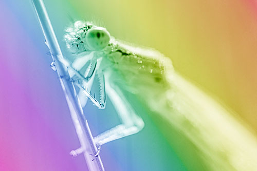 Damselfly Clamping Onto Grass Blade (Rainbow Shade)
