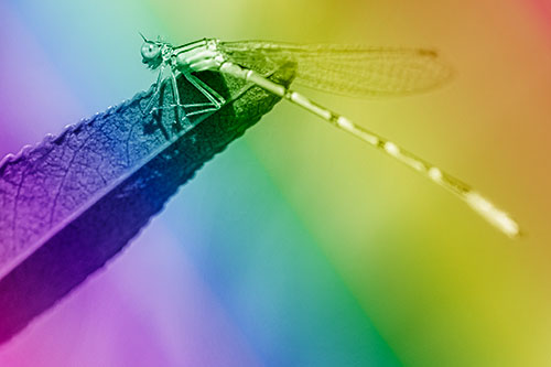 Damselfly Clamping Onto Leaf Petal Edge (Rainbow Shade)