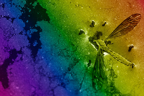 Dead Floating Crane Fly Partly Submerged Among Oily Water (Rainbow Shade)