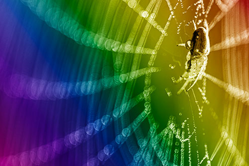 Dewy Orb Weaver Spider Hangs Among Web (Rainbow Shade Photo)