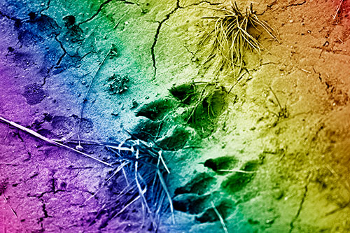 Dog Footprints On Dry Cracked Mud (Rainbow Shade Photo)