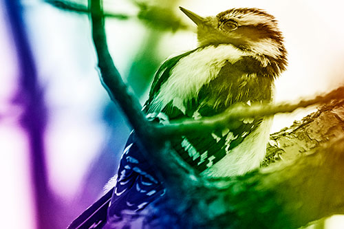 Downy Woodpecker Twists Head Backwards Atop Branch (Rainbow Shade Photo)