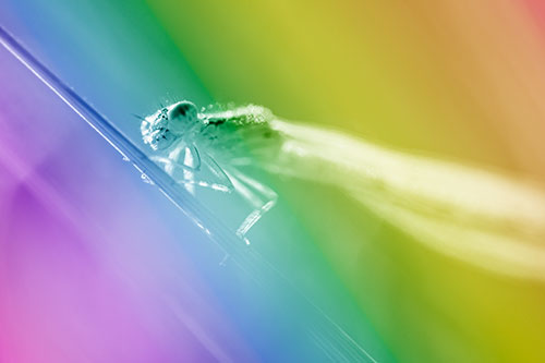 Dragonfly Rides Grass Blade Among Sunlight (Rainbow Shade Photo)