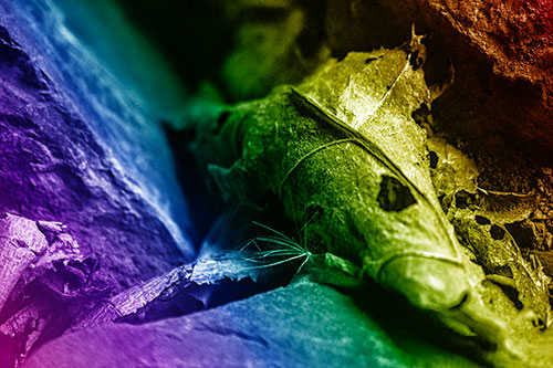 Dry Frowning Leaf Face Resting Between Rocks (Rainbow Shade)