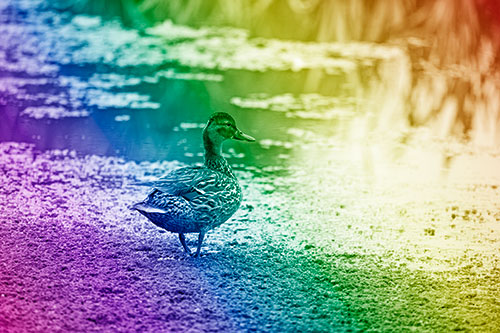 Duck Walking Through Algae For A Lake Swim (Rainbow Shade Photo)