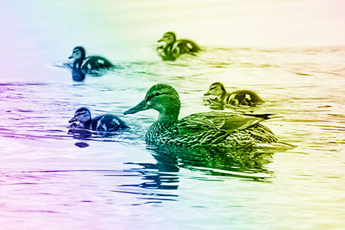Ducklings Swim Along Mother Mallard Duck (Rainbow Shade Photo)