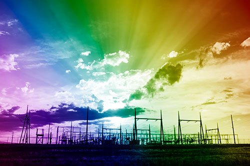 Electrical Substation Sunset Bursting Through Clouds (Rainbow Shade Photo)