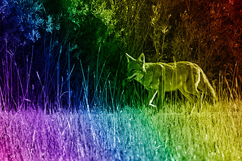 Exhausted Coyote Strolling Along Sidewalk (Rainbow Shade Photo)