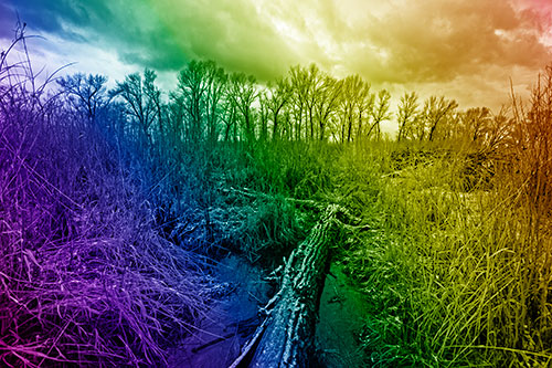 Fallen Snow Covered Tree Log Among Reed Grass (Rainbow Shade)