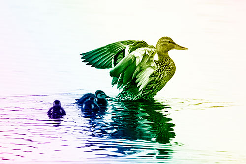 Family Of Ducks Enjoying Lake Swim (Rainbow Shade Photo)