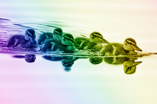 Five Baby Mallard Ducklings Swimming Across Lake Water (Rainbow Shade)