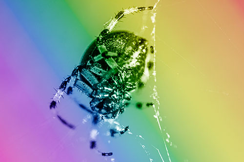 Furrow Orb Weaver Spider Descends Down Web (Rainbow Shade Photo)
