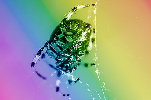 Furrow Orb Weaver Spider Descends Down Web (Rainbow Shade)