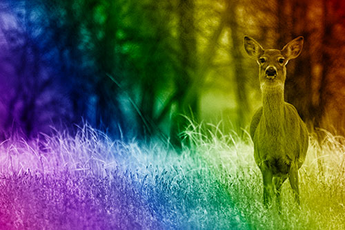 Gazing White Tailed Deer Watching Among Feather Reed Grass (Rainbow Shade Photo)