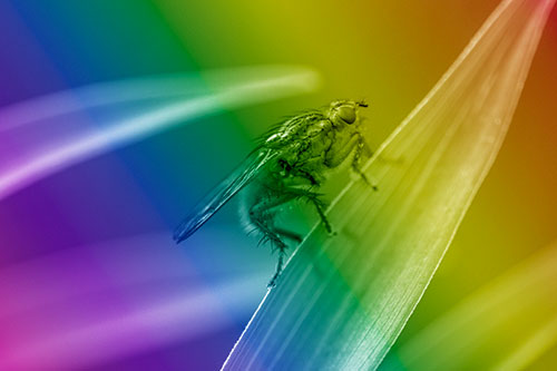 Golden Dung Fly Perched Along Sloping Fescue Grass Blade (Rainbow Shade)