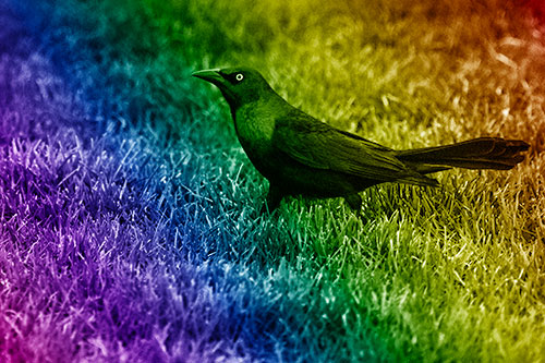 Grackle Walking Among Fresh Cut Grass (Rainbow Shade)