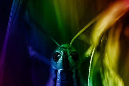 Grasshopper Holds Tightly Among Windy Grass Blades (Rainbow Shade Photo)