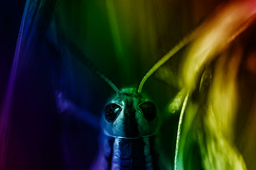 Grasshopper Holds Tightly Among Windy Grass Blades (Rainbow Shade)