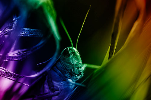 Grasshopper Perched Between Dead And Alive Grass (Rainbow Shade)