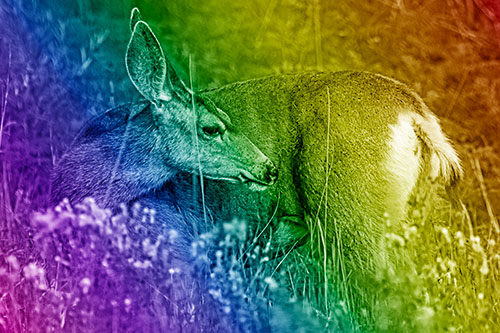Grooming Mule Deer Bending Backwards Among Vegetation (Rainbow Shade)
