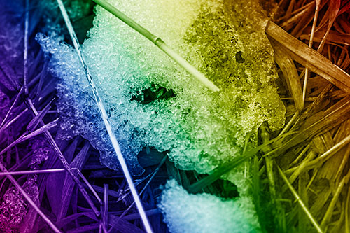 Half Melted Ice Face Smirking Among Reed Grass (Rainbow Shade Photo)