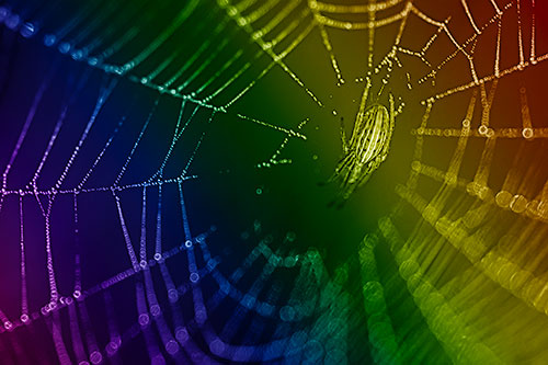 Hanging Orb Weaver Spider Perched Among Dew Covered Web (Rainbow Shade Photo)