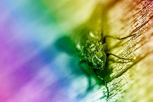 Happy Cluster Fly Enjoys Getting Suntan Among Cracked Wood (Rainbow Shade)