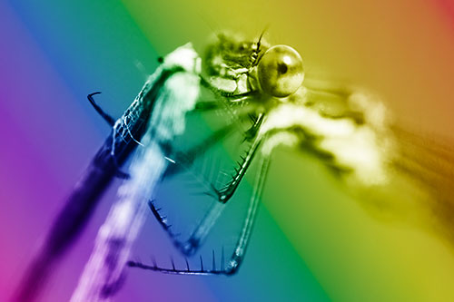 Happy Faced Dragonfly Clings Onto Broken Stick (Rainbow Shade Photo)