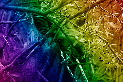 Happy Moose Smiling Behind Tree Branches (Rainbow Shade)