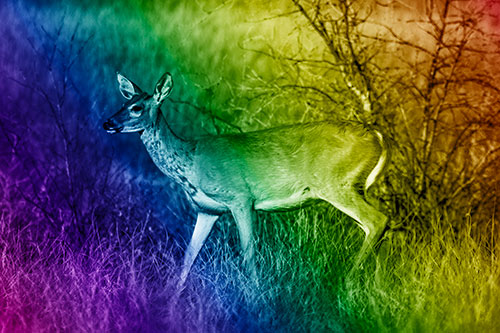 Happy White Tailed Deer Enjoying Stroll Through Grass (Rainbow Shade Photo)