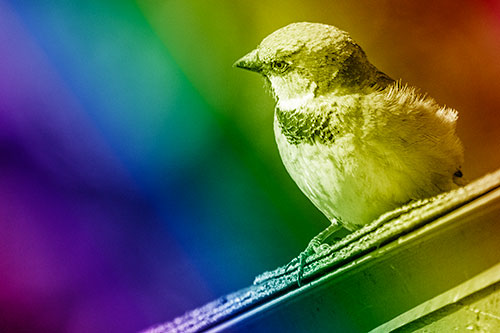 Head Tilting House Sparrow Perched Along Rooftop (Rainbow Shade)