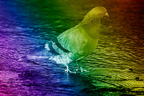 Head Tilting Pigeon Wading Atop River Water (Rainbow Shade Photo)