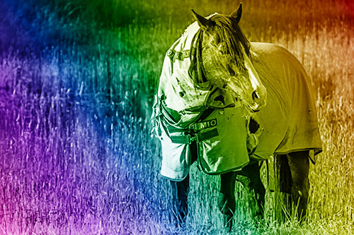 Horse Wearing Coat Atop Wet Grassy Marsh (Rainbow Shade Photo)