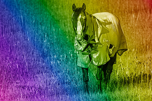 Horse Wearing Coat Standing Along Marsh (Rainbow Shade Photo)