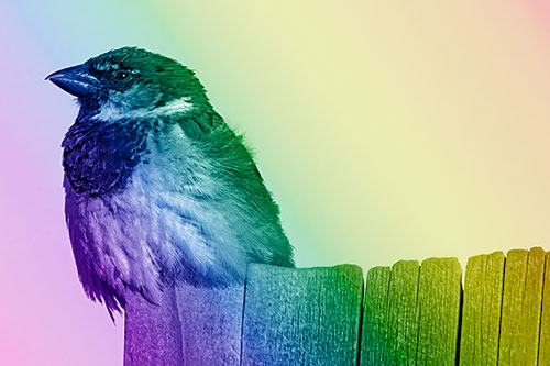 House Sparrow Perched Atop Wooden Post (Rainbow Shade Photo)