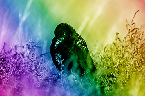 Hunched Over Raven Among Dying Plants (Rainbow Shade Photo)