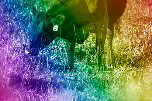 Hungry Cow Enjoying Grassy Meal (Rainbow Shade Photo)