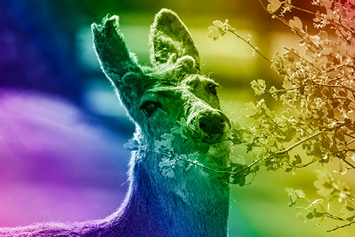 Hungry Lone Mule Deer Chewing Tree Leaves (Rainbow Shade)