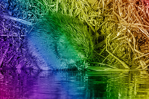 Hungry Muskrat Chews Water Reed Grass Along River Shore (Rainbow Shade)
