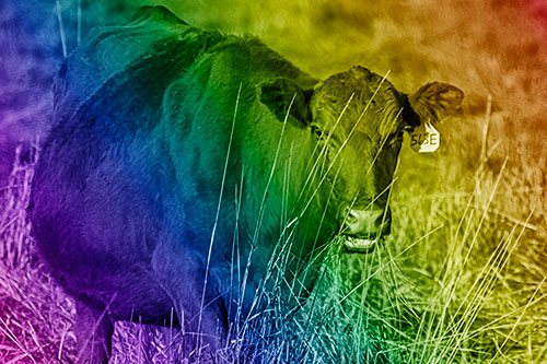Hungry Open Mouthed Cow Enjoying Hay (Rainbow Shade Photo)