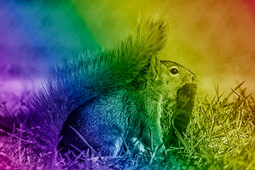 Hungry Squirrel Chews Watermelon Among Grass (Rainbow Shade)