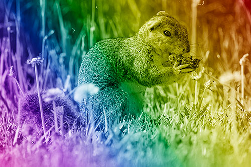 Hungry Squirrel Feasting Among Dandelions (Rainbow Shade Photo)