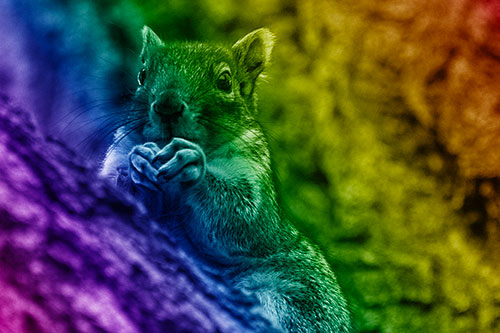 Hungry Squirrel Feasting Among Sloping Tree Branch (Rainbow Shade Photo)