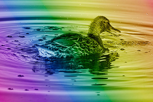Joyful Water Splashing Mallard Duck Enjoying Calm Lake (Rainbow Shade)