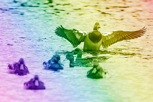 Jump Scaring Wing Flapping Mallard Duck Quacking Atop Lake (Rainbow Shade)
