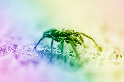 Jumping Spider Crawling Along Flat Terrain (Rainbow Shade Photo)